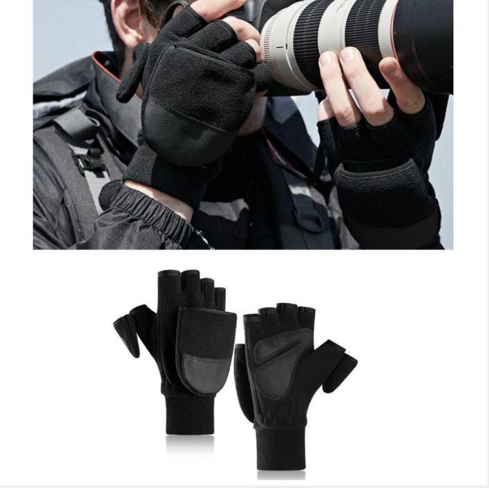 Winter Polar Fleece Half Finger Flip Gloves Double Layer Thicken Touch Fingerless Convertible Mitten