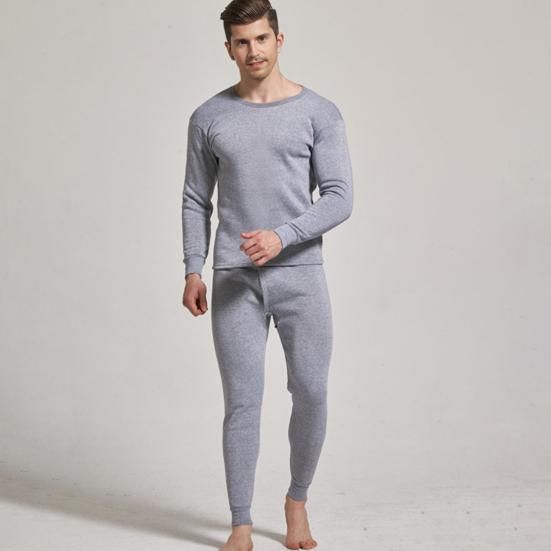 2 Pcs/Set Winter Men Thermal Underwear Set Round Neck Long Sleeve Warm Thick Pure Color Slim Fit Elastic Open Crotch Men Pajamas Set Homewear Clothing