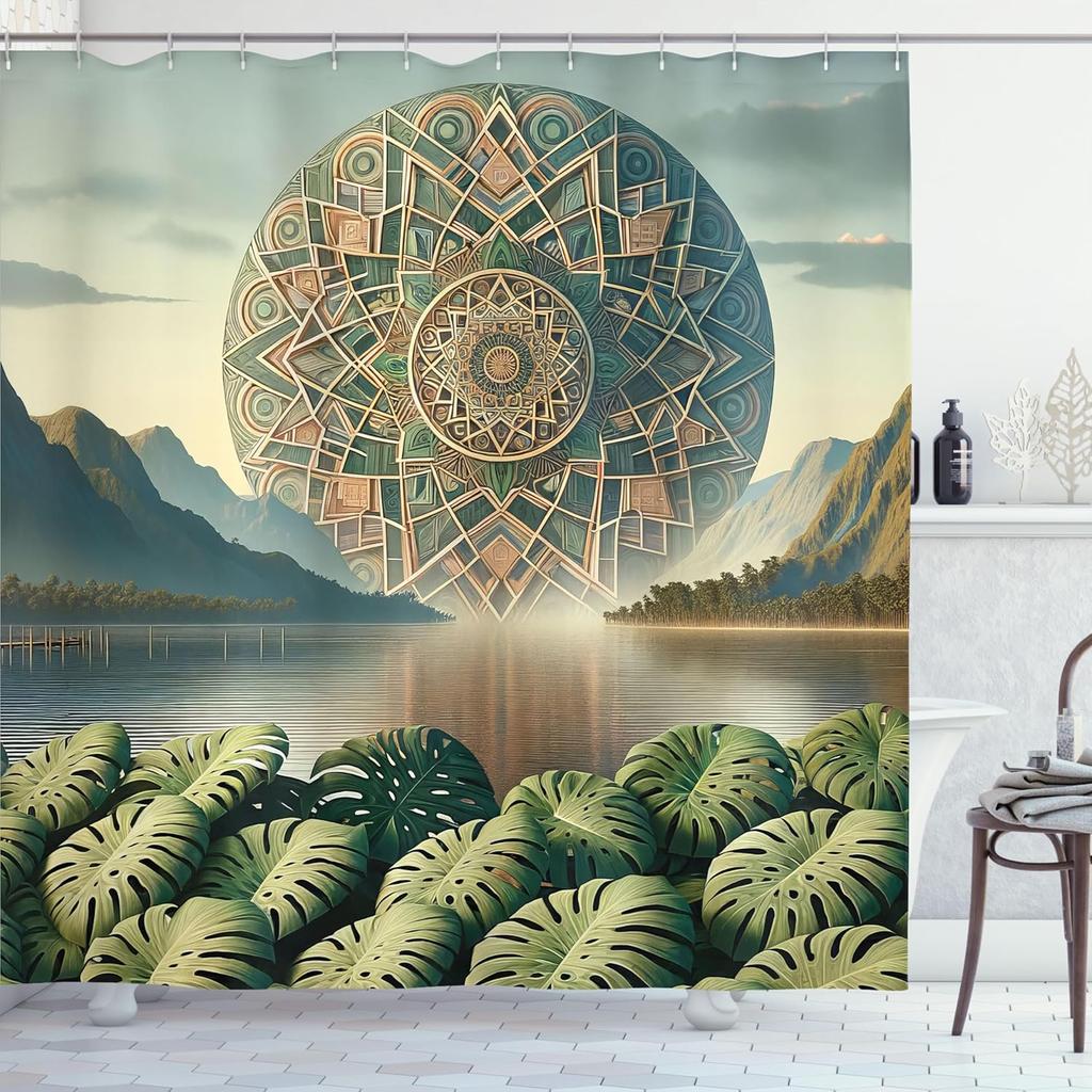 Sage Green Shower Curtain, Oriental Dream of Boho Mandala with Mountain Range Monstera Leaves and Lake, Cloth Fabric B