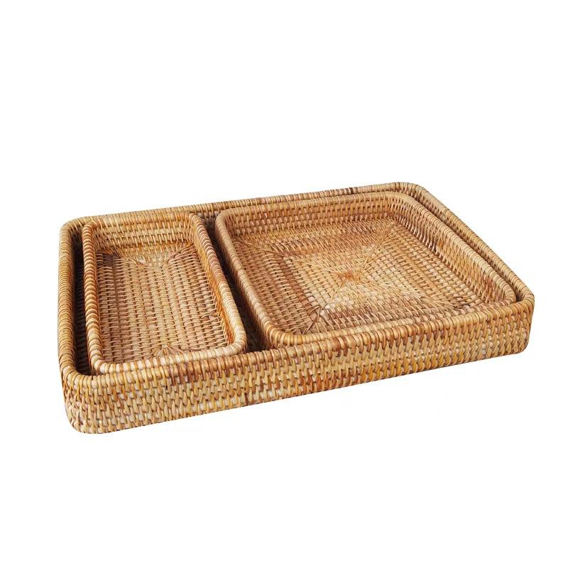 Rattan Storage Box Hand-Woven Rattan Storage Tray Wicker Basket Fruit Tea Organizer Kitchen Supplies Household Tools