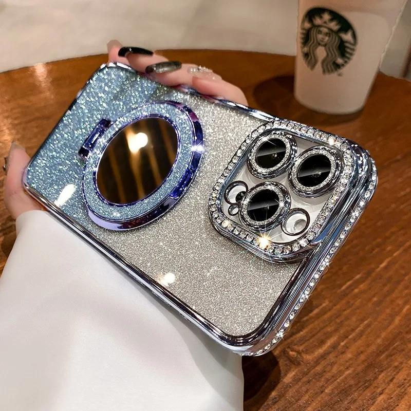Luxury Diamond Clear Glitter Magsafe Case suit For iPhone 16 14 13 12 11 Pro Max 15Plus Mirror Magnetic Phone Holder Stand Cover