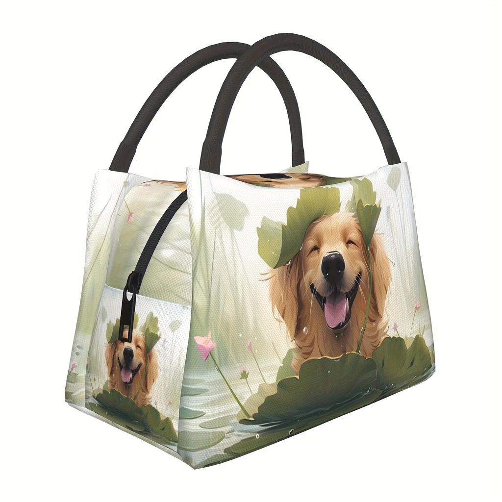 Animal-Themed Dog Pattern Polyester Lunch Bag - Hand Wash, Insulated Cooler Tote for Picnic, Beach, Hiking, Reusable for
