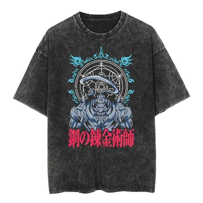 Japonia Anime Mustang Roy Anime Fullmetal Alchemist Manga Graficzny Nadruk Koszulka Męska Damska Harajuku Vintage Sprana Bawełna Luźny Top Letni Nowy T-shirt