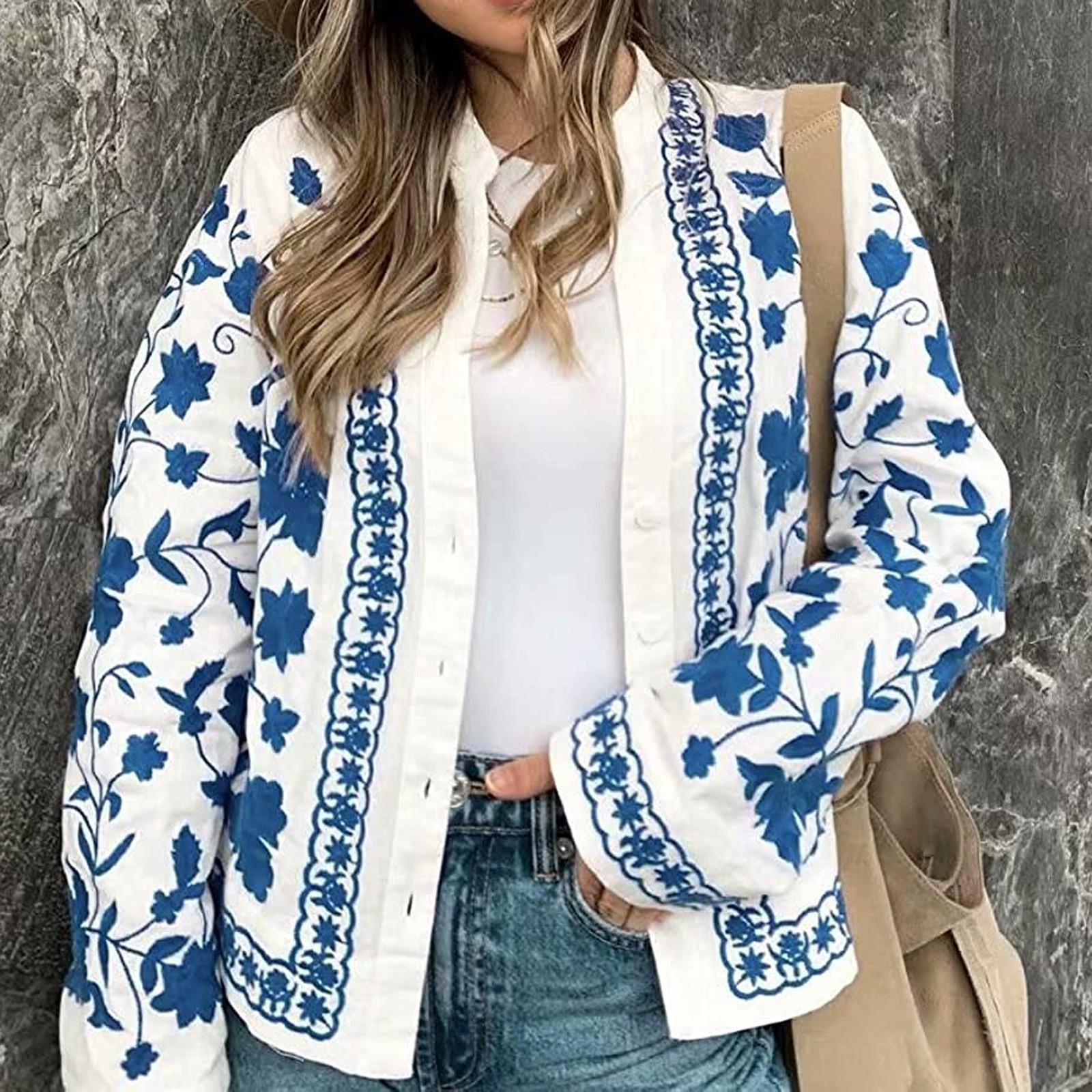 

Женская модная повседневная однобортная рубашка с вышивкой и v-образным вырезом, топы, пальто M синий