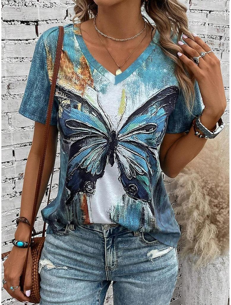 Women's T-Shirt butterfly Graphic Fashion Short Sleeved V-Neck Regular Tops Daily Print Tee Summer Spring casual Tops