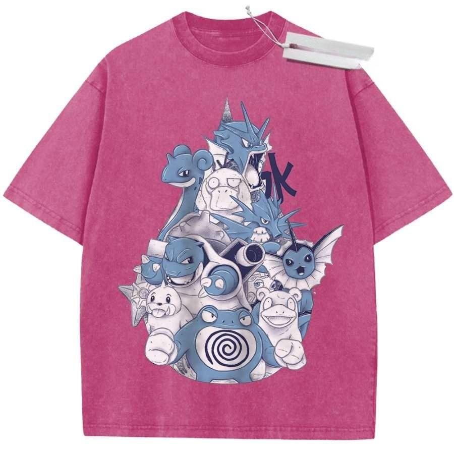T Shirt Sports T Shirt Short Sleeve T Shirt Multi Color Unisex Pure Cotton Washed Vintage Pokemon Characters Blue Print Design