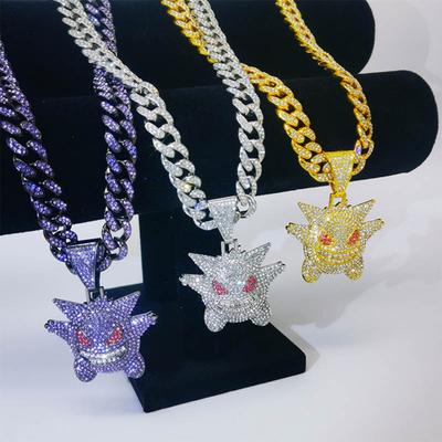 Cartoon Pendant Cuban Necklace Shiny Rhinestone Inlay Purple Golden Silver Color Alloy Men Women Necklace Fashion Accessories Gift