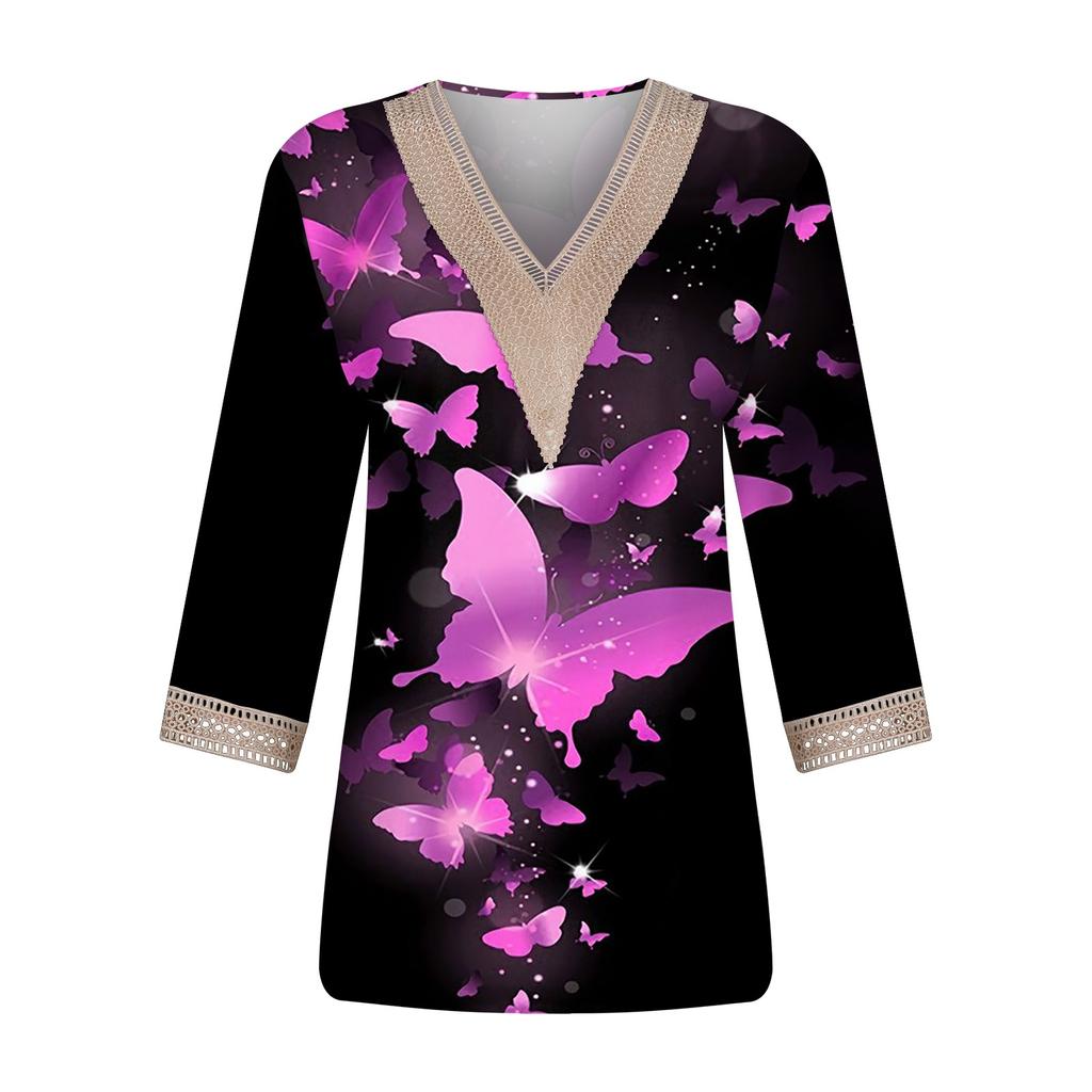 Women's Shirt Blouse Casual Loose Shirts 3/4 Sleeve Lace Trims Print V Neck Tops Print Tops T-shirts Tee
