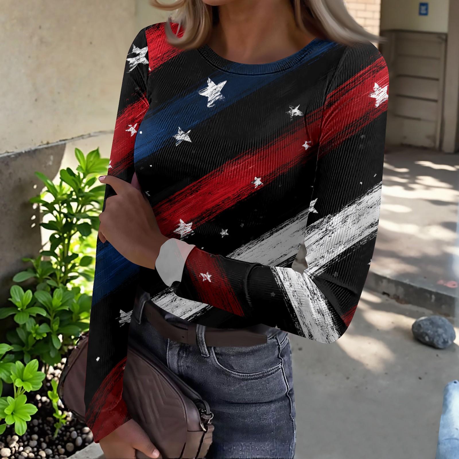 

Women s Casual Fashion Round Neck Independence Day Print Long Sleeve Ribbed Top M Кіновар