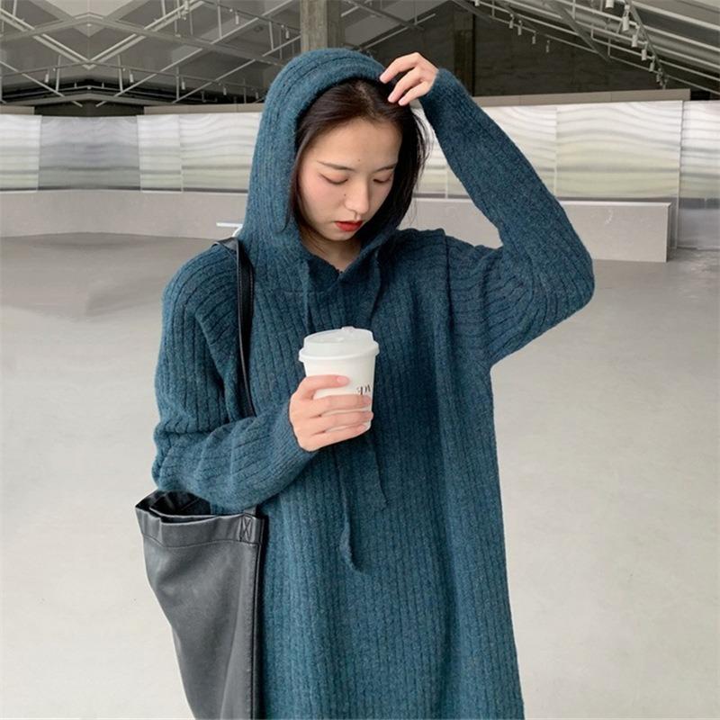 Hooded sweater dress women's autumn and winter new loose and thin medium and long knee thick knitted skirt large size top