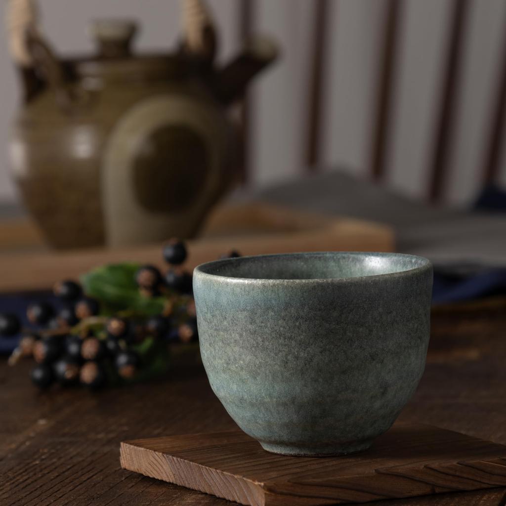 Marui Pottery Shigaraki Ware Hechimon 200ml Black Teacup, Approx. Capacity, Celadon, Blue, MR-3-4482