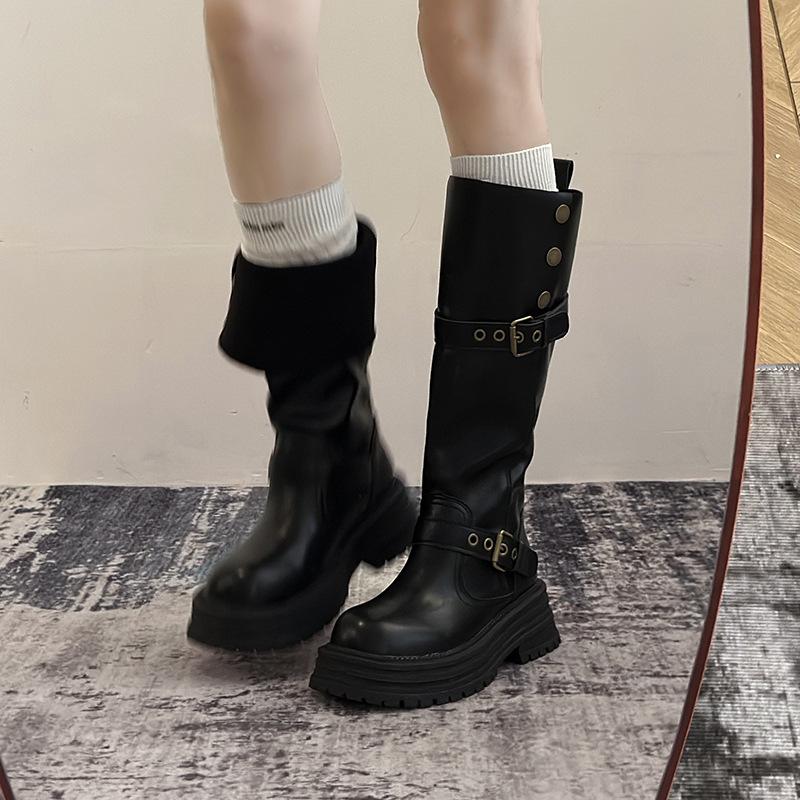 Cowhide version of Maillard boots, women's two wear lapel boots, thick soles increase height, western slim knight boots, Martin boots