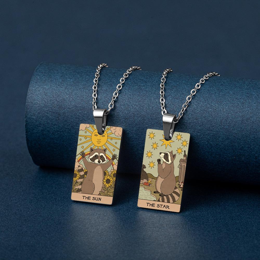 Europe and America Stainless Steel Colorful Printed Raccoon Necklace Good Friend Tarot Card Party Jewelry Accessory