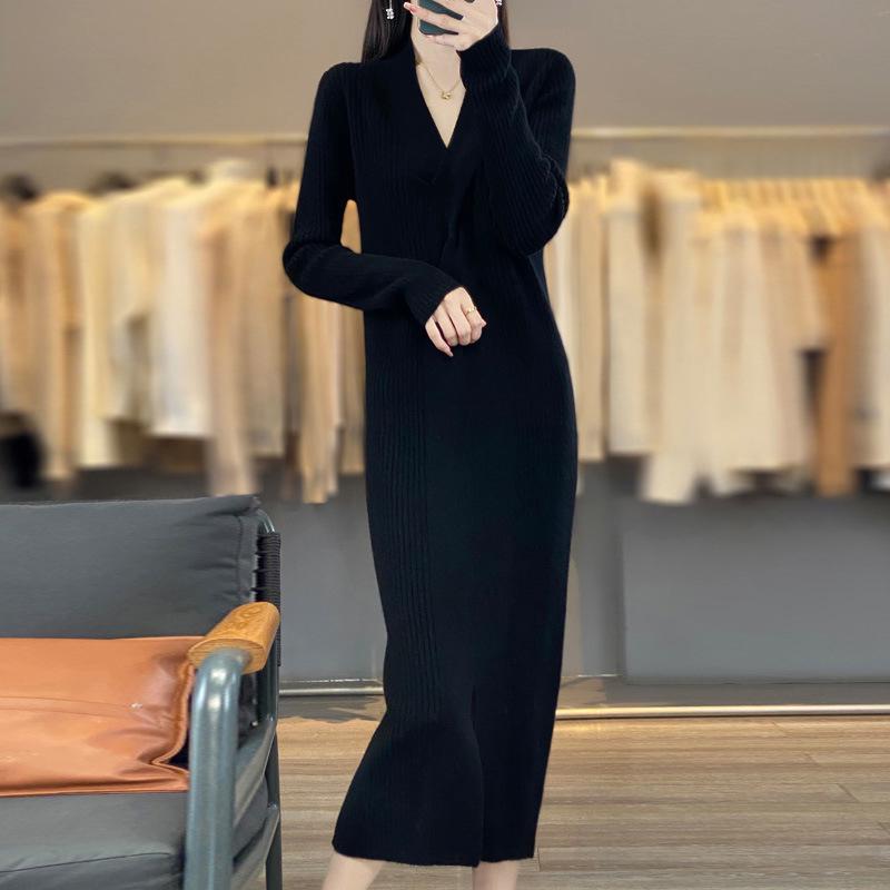 Women's V-Neck Cable Knit Wool Dress - Slimming Over-the-Knee Style with Long Sleeves and Slit for Autumn/Winter