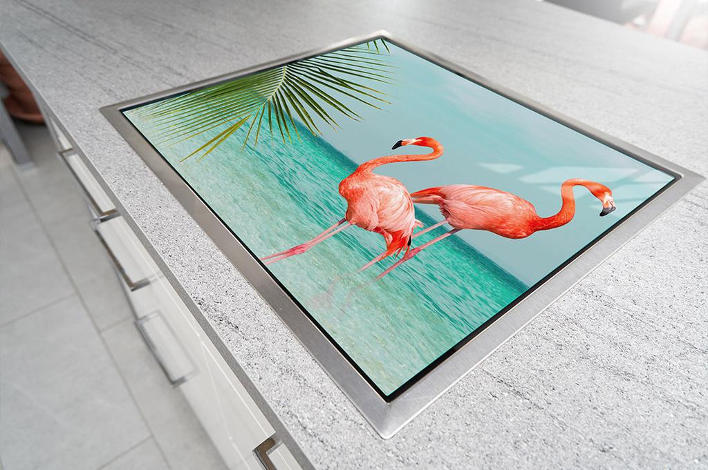 PLAQUE DE PROTECTION EN VERRE POUR PLAQUE DE CUISSON 70x52 FLAMANT ROSE