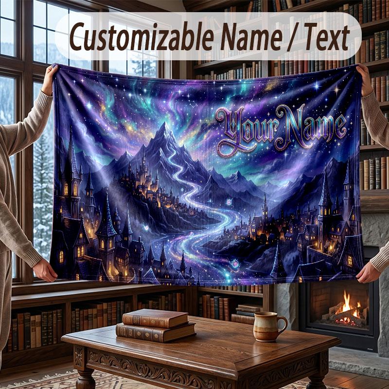 Fantasy Magic Theme Throw Blanket Custom Name Text Personalized Blanket Soft Cozy Blanket for Home Sofa Bed