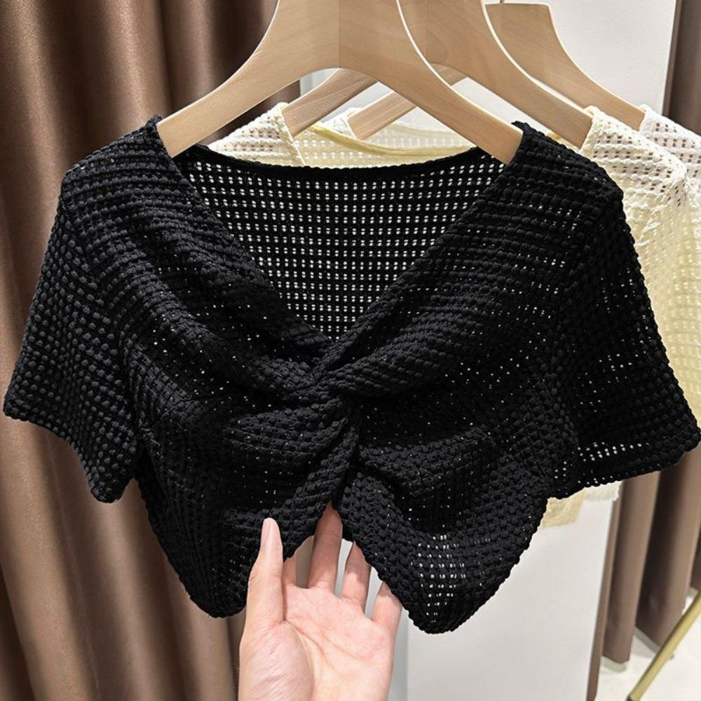 

Knot Hollow Out Crop Top V-neck Sun Protection Shawl T Shirt Mesh Knitted Pullover Top Beach XL чёрный