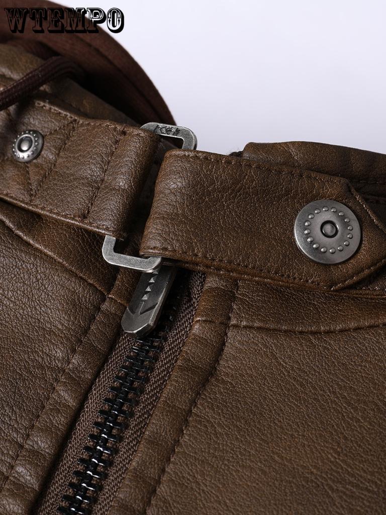 Chaqueta PU de Manga Larga y Cremallera para Hombre con Cuello Mao, Bolsillos con Cremallera y Capucha Desmontable, Chaqueta de Corte Slim Chic y Elegante para Uso Exterior