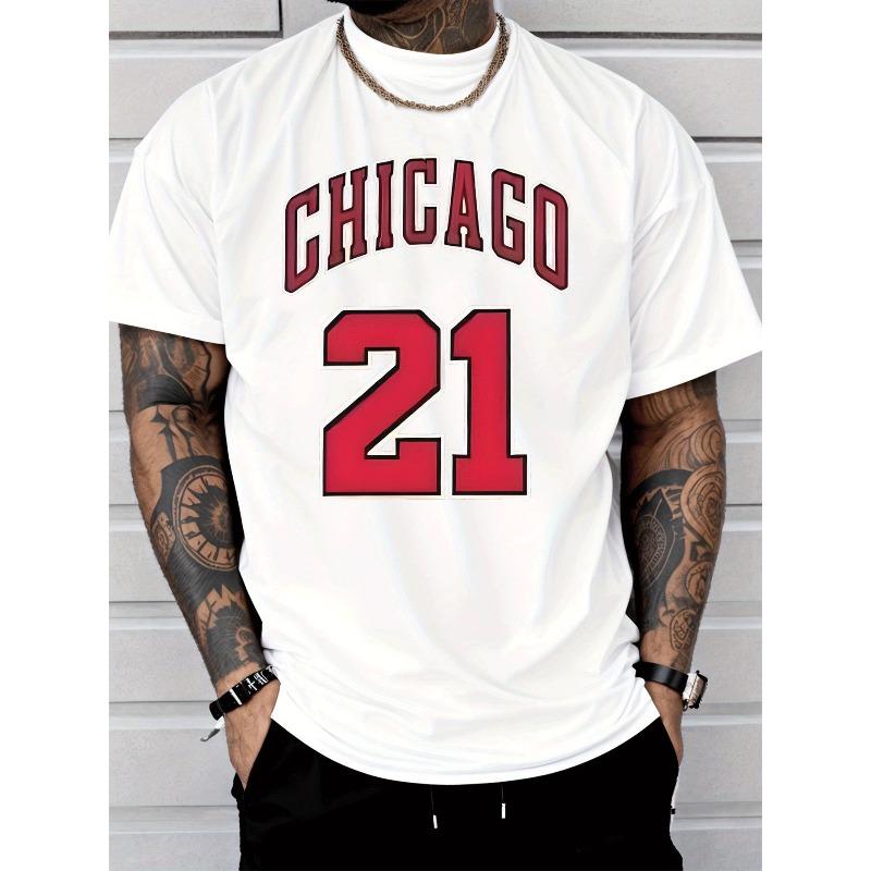 European Sizes Men'S Casual Short Sleeved Chicago 21 Number Letter Print T-Shirt | Fashion Street Style, Crew Neck, Slight Stretch, Breathable