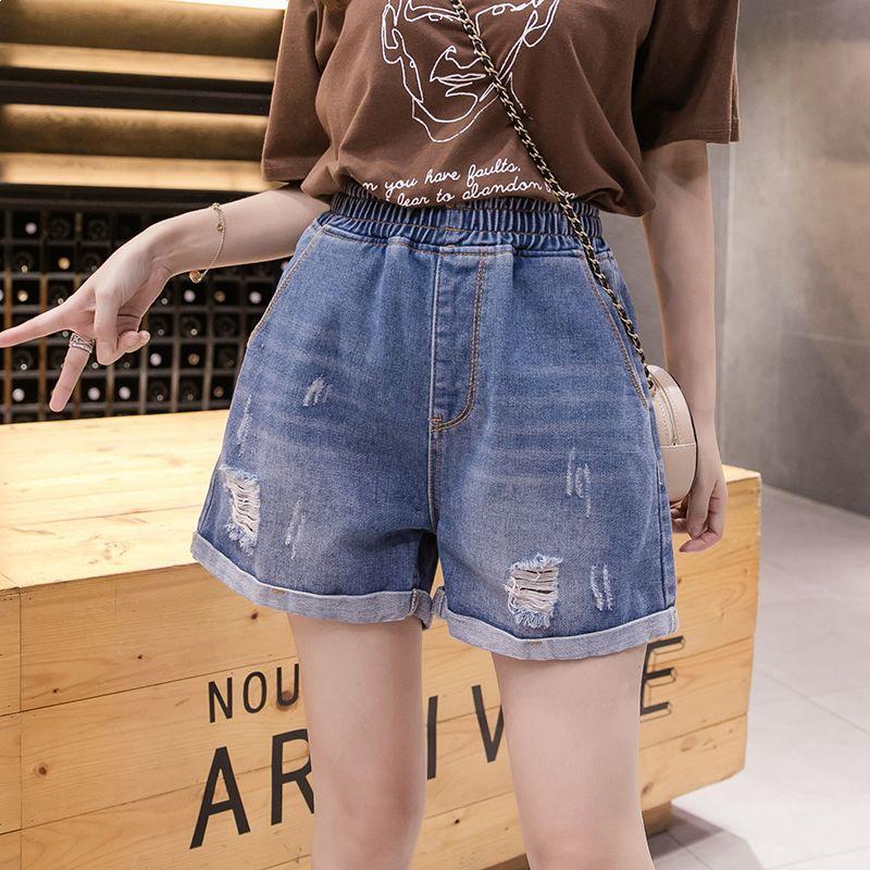 

Plus Size High Waist Ripped Denim Shorts for Women - Summer A-line, Elastic, Wide Leg Design, Slimming Fit (Up to 200 Jin) 3XL: 141-160 Jin