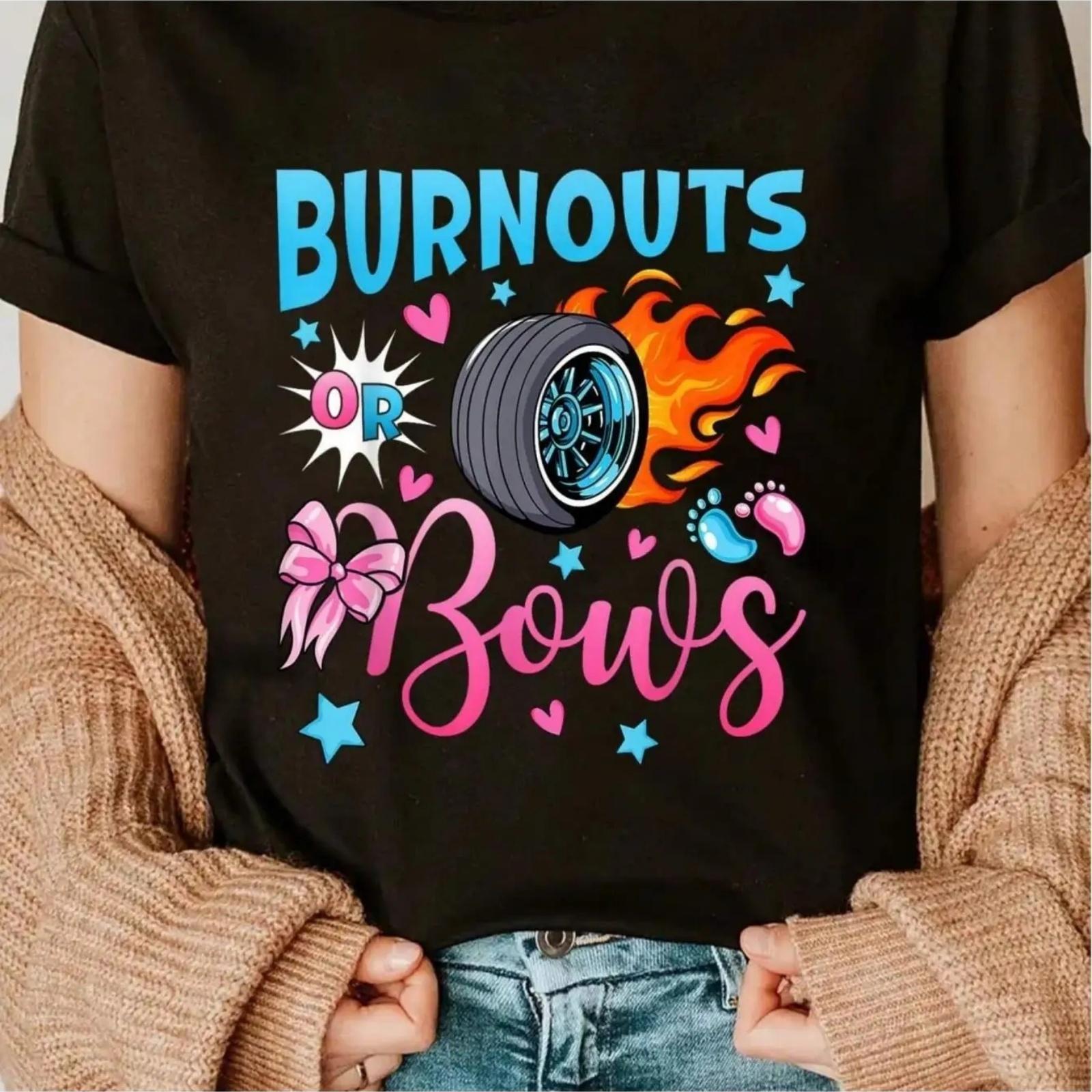 

Burnouts Or Bows Gender Reveal Party Ideas Baby Announcement T-Shirt Cotton Shirt XXXXXL різнокольоровий