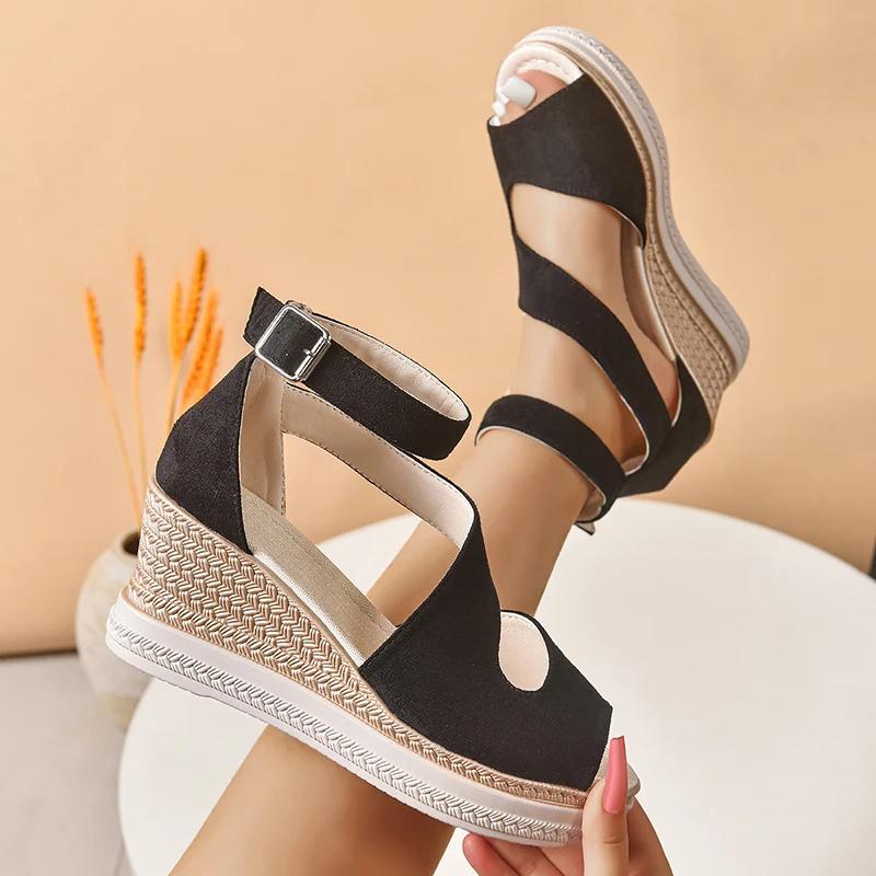 Fashion Peep Toe Platform Wedge Sandals for Women Black Ankle Strap Hollow Out Gladiator Sandals Woman Summer Thick Bottom Beach Shoes