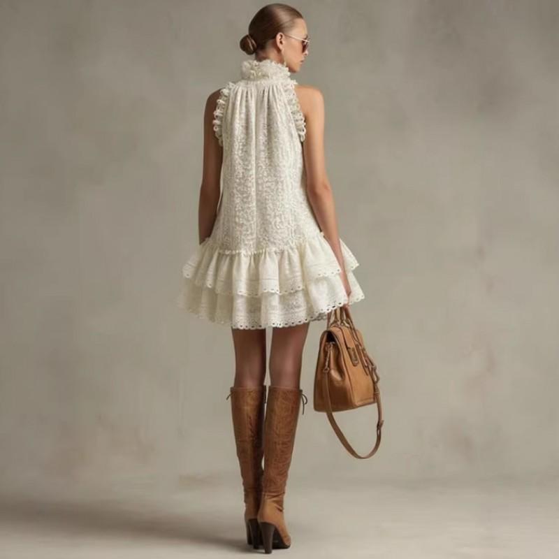 Vintage Beige Lace Sleeveless Ruffle Mini Dress Women