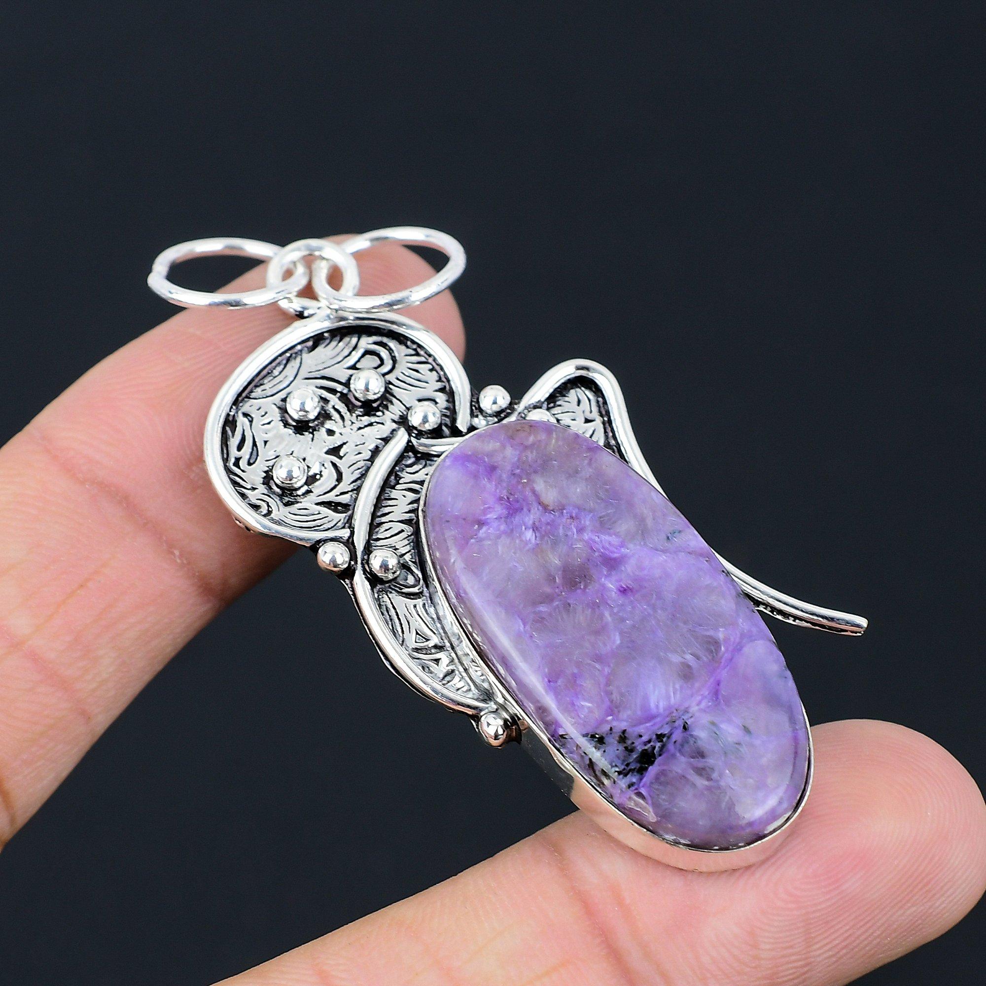 Подарок на день рождения для нее Подвеска из натурального чароита 925 пробы серебро