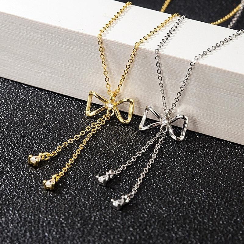 Fashion Jewelry 18K Gold Plated 925 Sterling Silver Bowknot Tassel Zircon Pendant Clavicle Chain Necklace Jewelry for Women