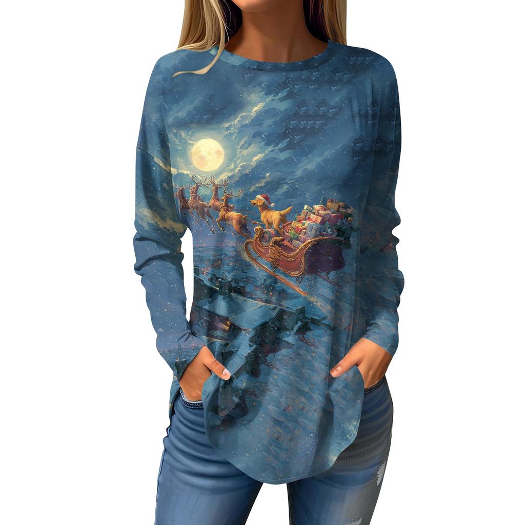 Tee Shirts For Women Casual Round Neck Long Sleeve Shirts Christmas Printing Top Pullover
