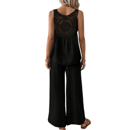 Women Summer 2 Piece Outfits Back Tank Top Sleeveless Hollow And Wide Leg Pants Set Boho