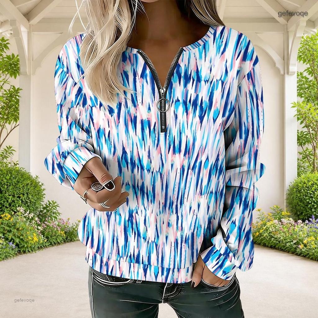 Women Plus Size Tie Dye Printed V Neck Front Zip Sweatshirt Purple White Ribbed Cuffs