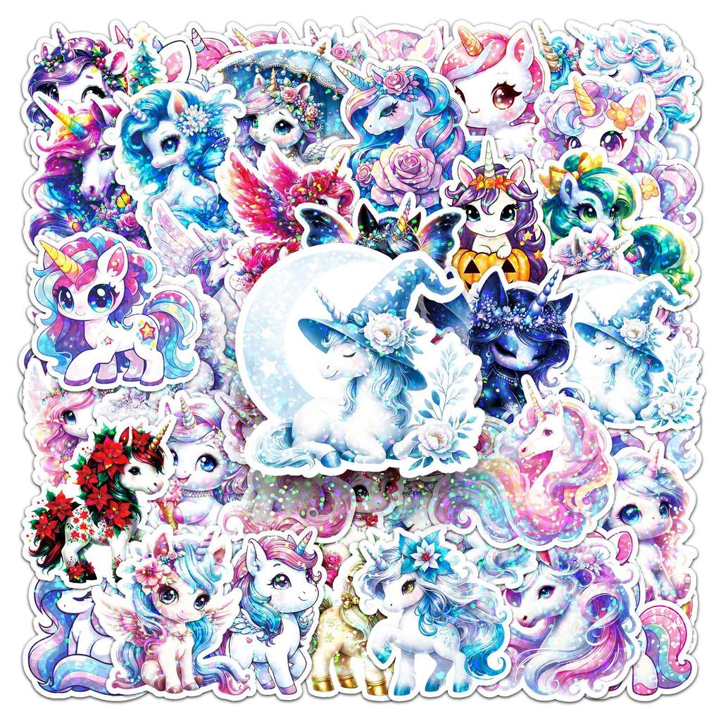 50PCS Flash Film Laser Unicorn Stickers Cute Cartoon Animal Phone Computer Stationery Notebook Waterproof Decoration Stickert