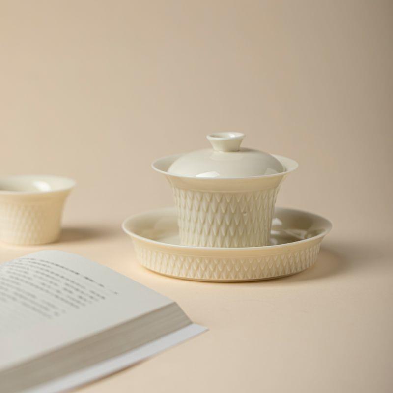 Dingware Ceramic Dragon Scale Gongfu Tea Set with Gaiwan, Anti-Scald Tea Bowl, and Custom Cup