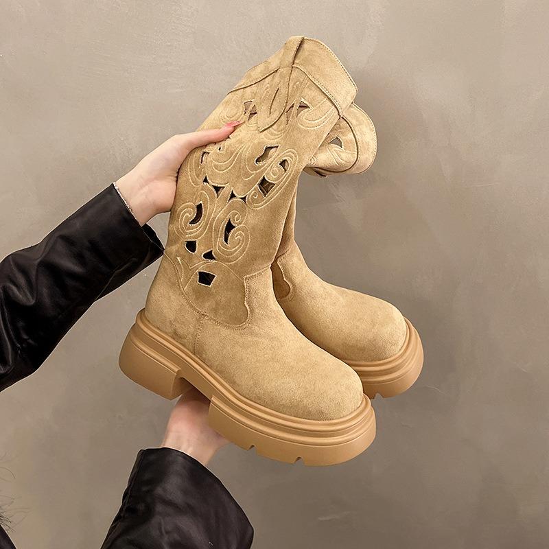 Autumn New Western Cowboy Boots Knight Boots Retro But Knee Hollowed Thick Heel Fashion Boots Women