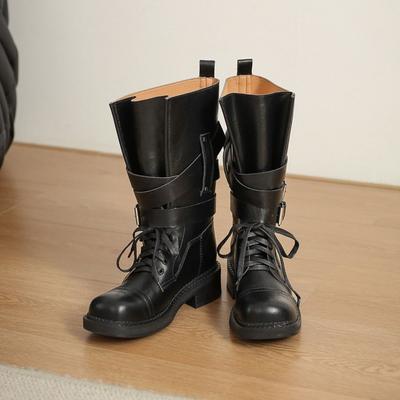 Yueyu Thick-soled Medium Tube Knight Boots Women's Leather Buckle Locomotive Boots 2025 New Summer Martin Boots Short Boots