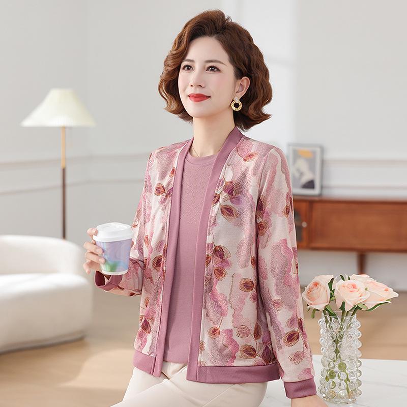

Spring New Arrival: Printed Knitwear Two-Piece Set for Mothers - Jacket & Short-Sleeve Base Layer for Mid-Aged and Elderly Women 3XL (125-135 lbs) рожевий