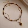 Retro Layered Tiger Eye Stone Pendant Necklaces for Girls Women Natural Stones Double-Layer Maillard Necklace Jewelry Gifts