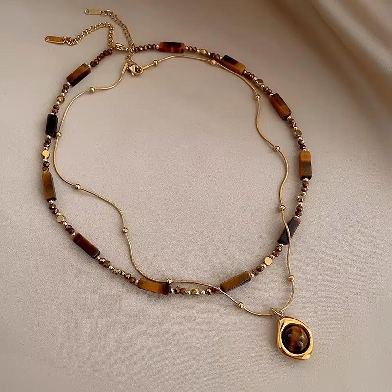 Retro Layered Tiger Eye Stone Pendant Necklaces for Girls Women Natural Stones Double-Layer Maillard Necklace Jewelry Gifts