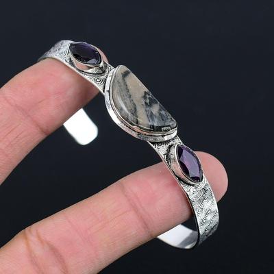 Mothers Day Deal 925 Silver Spider Web Jasper Stone Amethyst Wife Bangle Jewelry