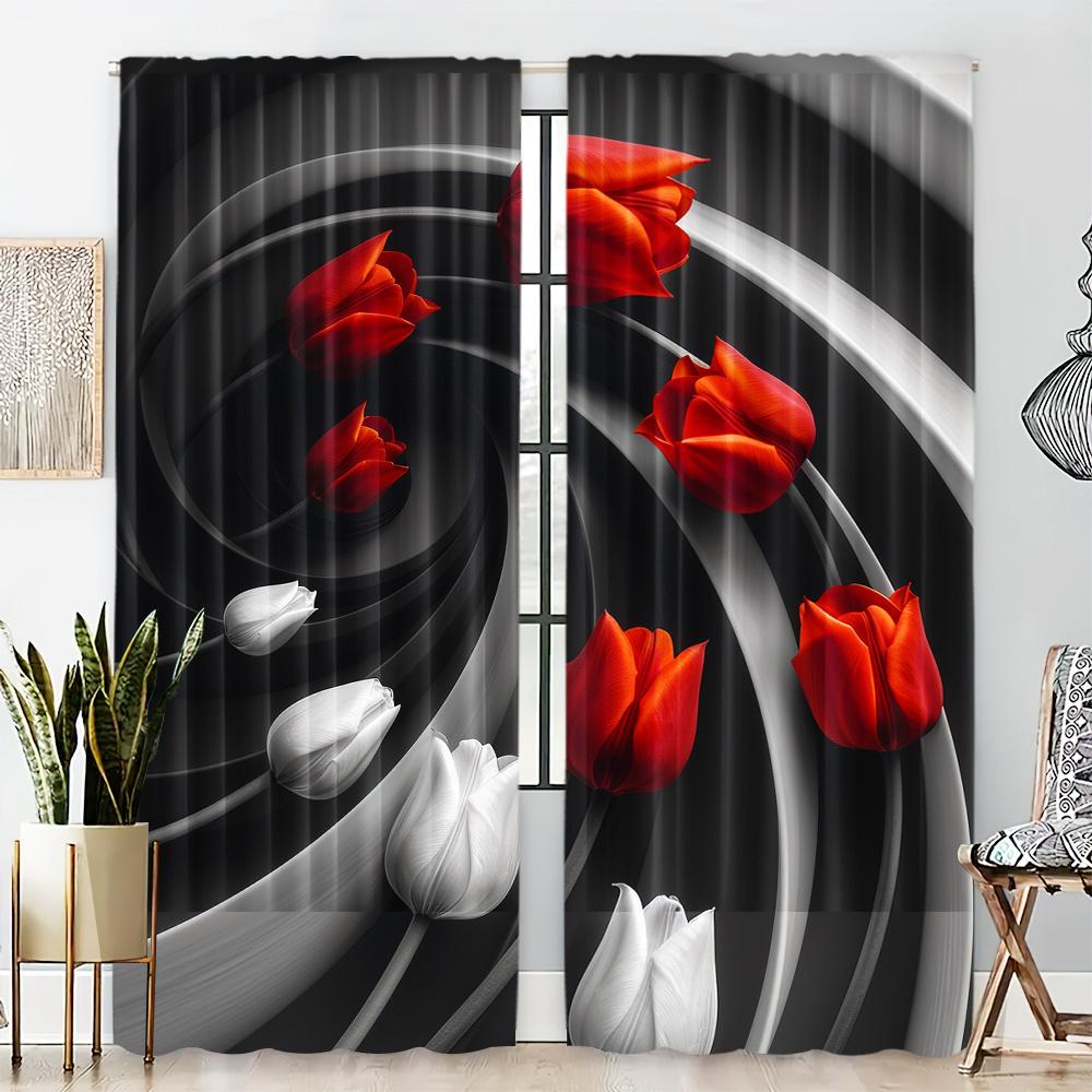 Modern Floral Crystal Cosmic Design 2-Piece Curtain Panels Set Digital Print Rod Pocket Hanging for Living Room Bedroom Home