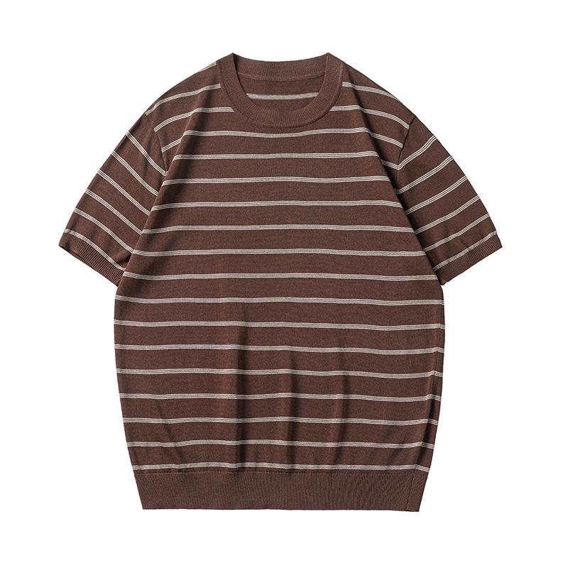 

Mu Qiu Menswear | Summer 2026 Old Money Style Striped Crew Neck Short Sleeve Men s Knit T-Shirt L (120-140 Jin) коричневый/кофейный