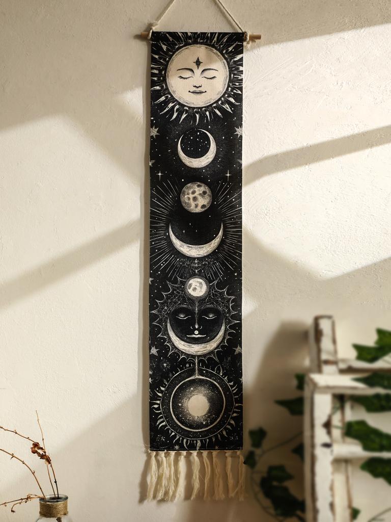1pc Boho Celestial Wall Hanging Tapestry, Moon Phase Black and White Banner with Tassel, Witchy Bedroom Home Wall Art Decoration