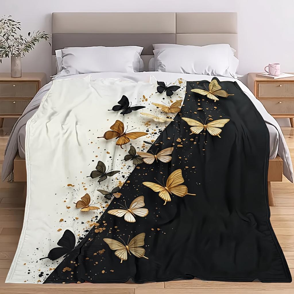 Butterfly Theme Flannel Blanket Soft High-Definition Digital Print Black And White Gradient Design Cooling Blanket All-Season Us