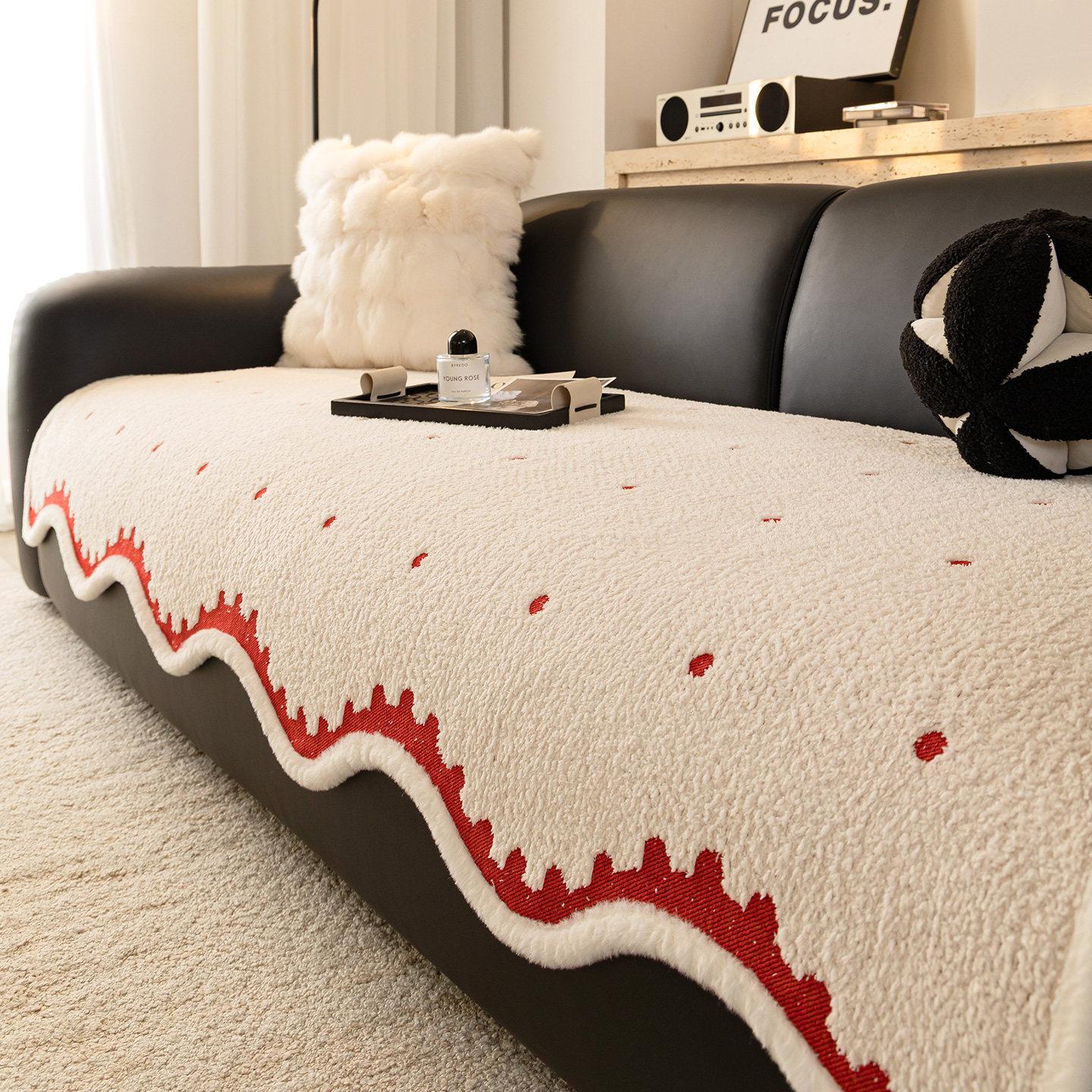 Plush sofa cushion special-shaped non-slip seat cushion winter classic black and white small polka dots one-piece straight-row sofa cover cover 70*70cm