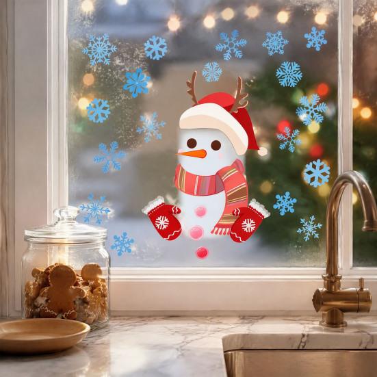 Removable Party Decals Christmas Window Clings, Cartoon Antlers Snowman Wall Stickers, Waterproof PVC Stickers Decorative for Home Glass Windows