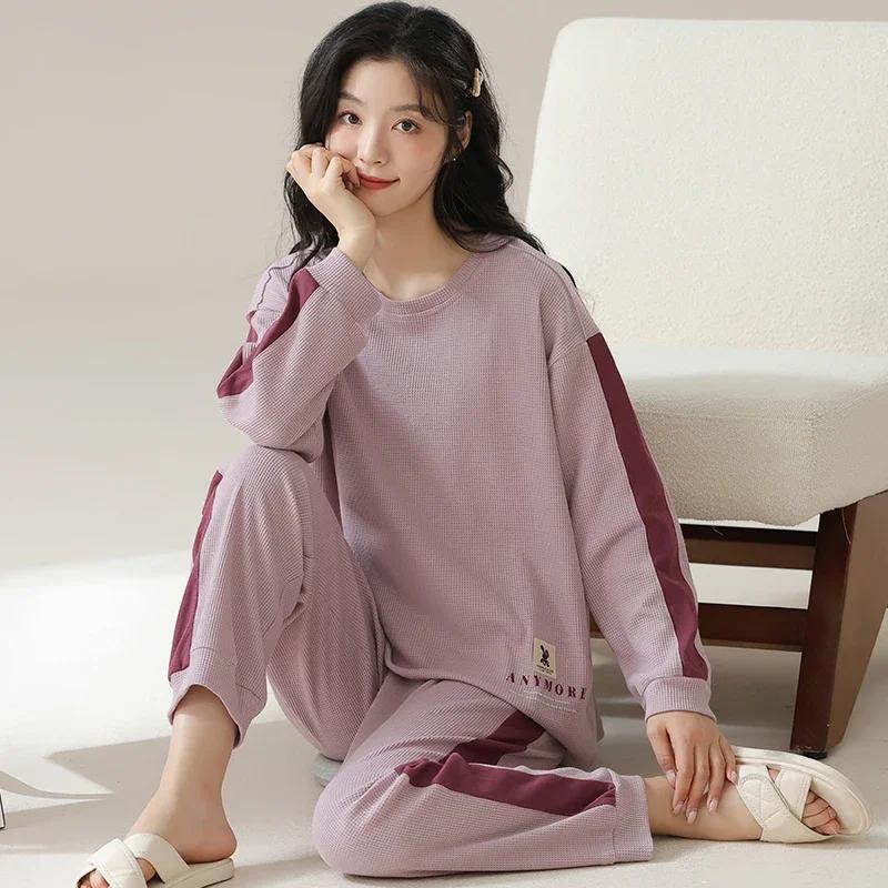 Autumn Winter Waffle Cotton Pajamas for Women Long Sleeves Home Wear Casual Sports Pijamas Round Collar Woman Sleepwear