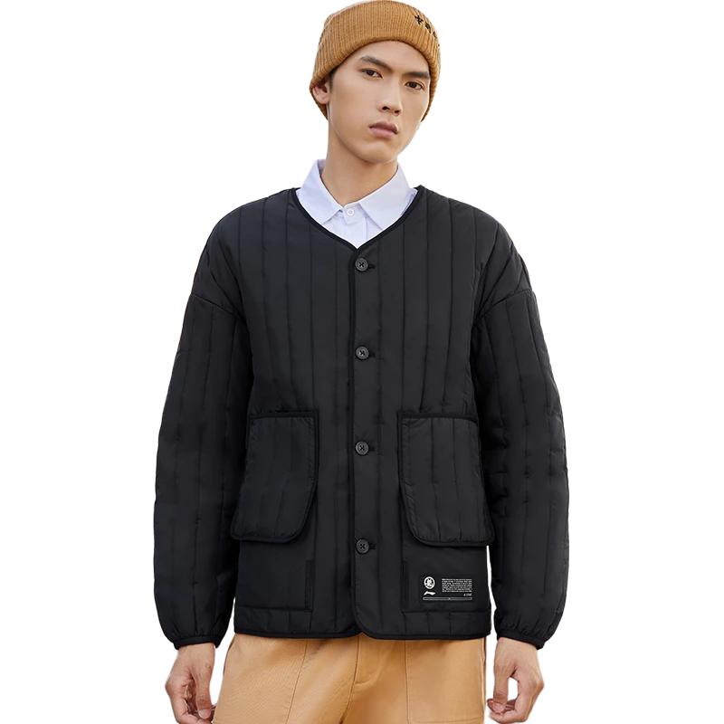 Li Ning X Jackie Chan Collaboration Kung Fu Series Striped Seam Solid Color V-Neck Cotton Jacket Men Jacket Black AJMR065-1