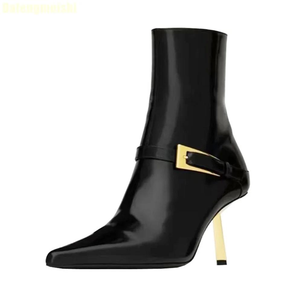 Fashion 2025 Spring New Style Metal Stiletto Pointed Ankle Boots Women Fashion High Heeled Patent Leather Side Zipper Black Fashion Boot