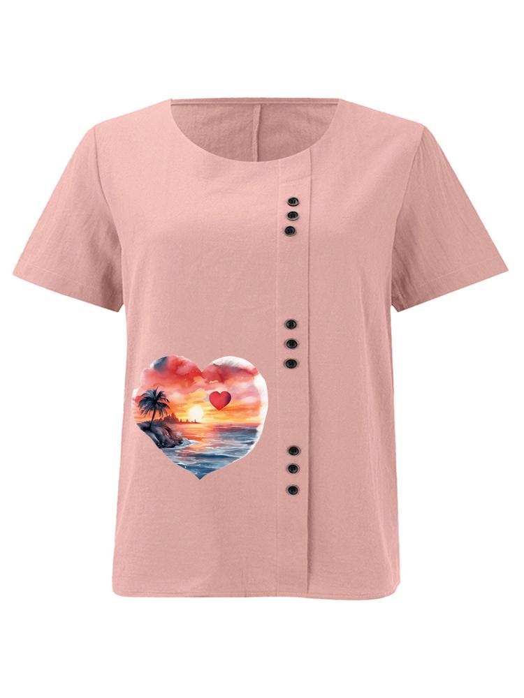 Women s Fashion Heart-shaped Scenery Print Round Neck Short Sleeve T-shirt Casual Cotton Linen Graphic Shirt Leisure Loose Summer Blouse Tops S